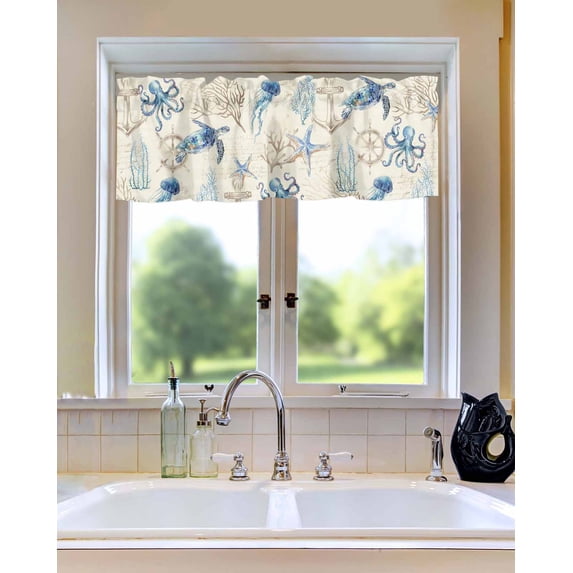 Curtain Valance for WindowsNautical Octopus Turtle Starfish Coral Kitchen Valances Rod Pocket Short Curtains,Vintage Ocean Blue Sealife Window Treatment Panel for Living Room Bathroom Bedroom