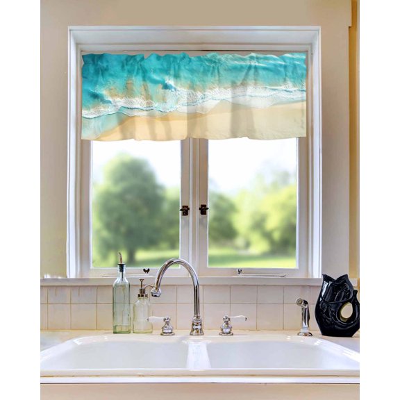 Curtain Valance for WindowsOcean Seaside Green Water Waves on Beach Kitchen Valances Rod Pocket Short Curtains,Coastal Sea Landscape Window Treatment Panel for Living Room Bathroom Bedroom