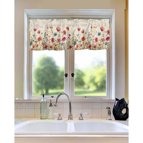 Curtain Valance for WindowsPastoral Style Red Flower Field Kitchen Valances Rod Pocket Short Curtains,Watercolor Floral on Linen Window Treatment Panel for Living Room Bathroom Bedroom