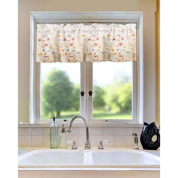 Curtain Valance for WindowsPastoral Style Wildflower Field Kitchen Valances Rod Pocket Short Curtains,Blooming Floral Botanical Window Treatment Panel for Living Room Bathroom Bedroom