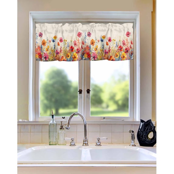 Curtain Valance for WindowsPastoral Watercolor Floral on Burlap Kitchen Valances Rod Pocket Short Curtains,Colorful Flowers Blossom Window Treatment Panel for Living Room Bathroom Bedroom