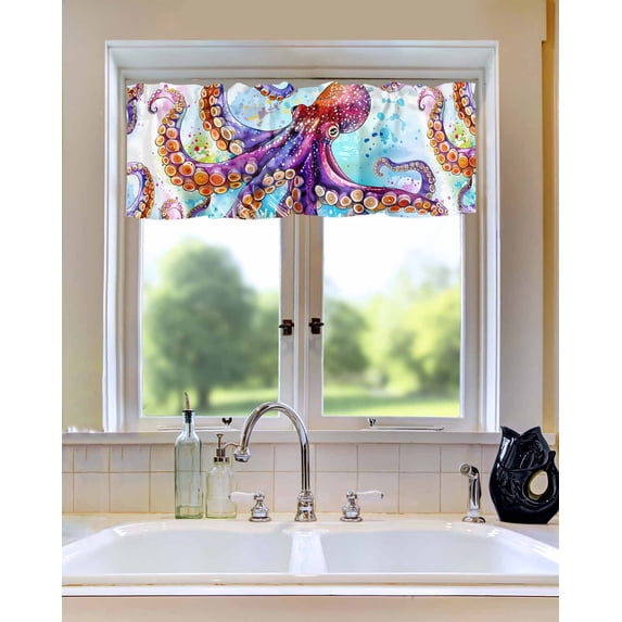Curtain Valance for WindowsWatercolor Abstract Ocean Animal Octopus Kitchen Valances Rod Pocket Short Curtains,Colorful Painting Artwork Window Treatment Panel for Living Room Bathroom Bedroom