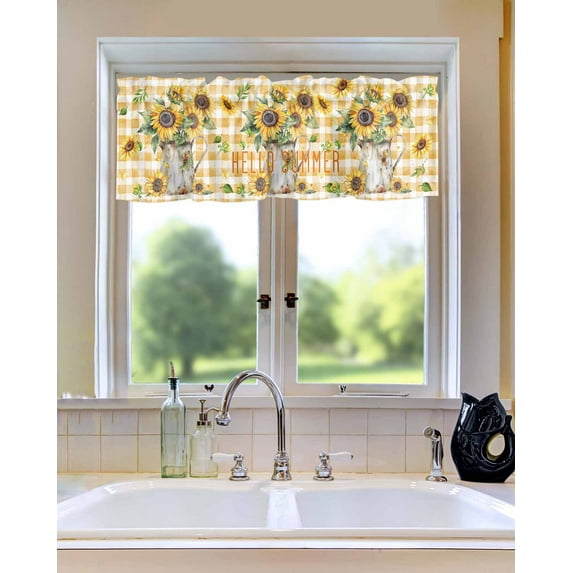 Curtain Valance for WindowsWatercolor Floral Bouquets in Vase Kitchen Valances Rod Pocket Short Curtains,Sunflower on Yellow White Plaid Window Treatment Panel for Living Room Bathroom Bedroom