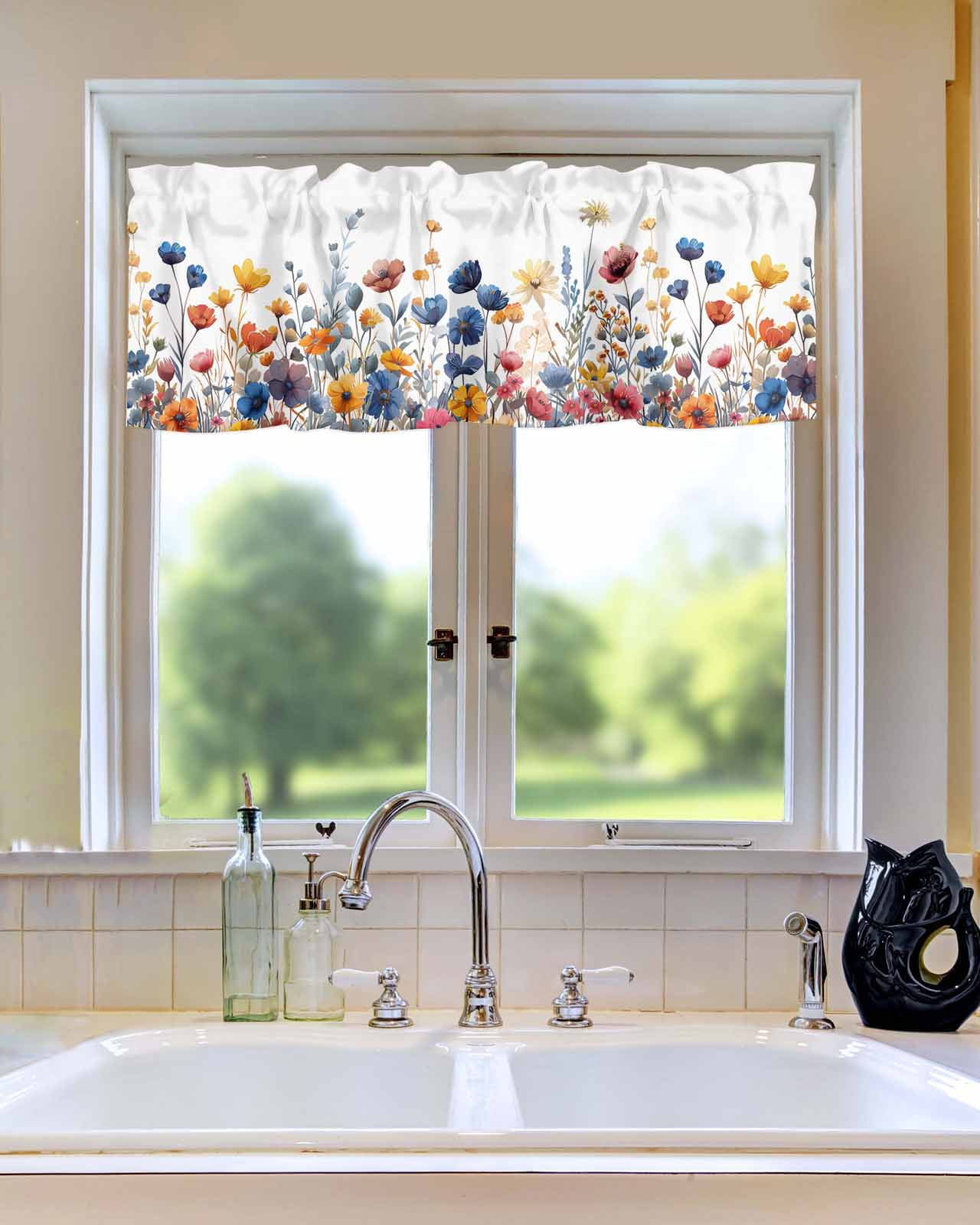 Curtain Valance for WindowsWatercolor Wildflower Flowers Plant Kitchen