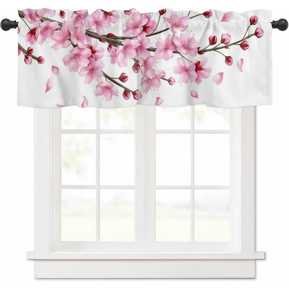 Curtain Valances Drapes Cherry Blossoms Flower, Rod Pocket Window Treatment for Bedroom Small Window Kitchen, Thermal Insulated&Washable Curtains, Spring Pink Floral, 1 Panel, 54x18inch