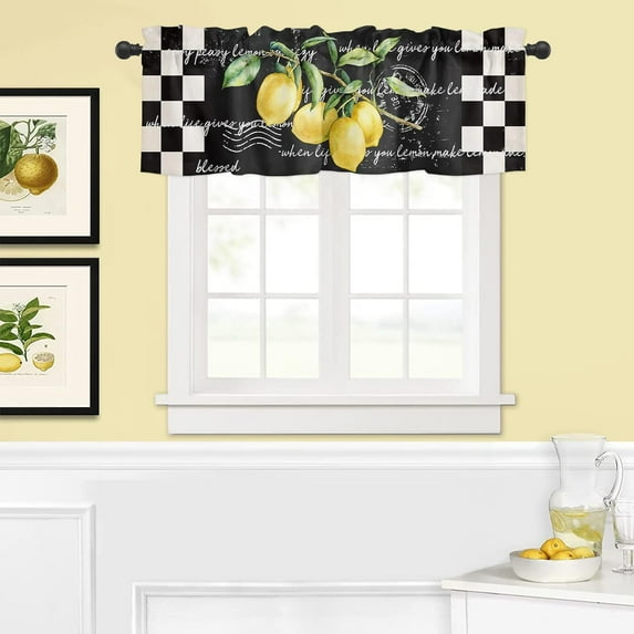 Curtain Valances Drapes Summer Tropical Lemon, Rod Pocket Window Treatment for Bedroom Small Window Kitchen, Thermal Insulated&Washable Curtains, Buffalo Plaid Black White, 1 Panel, 54x18inch