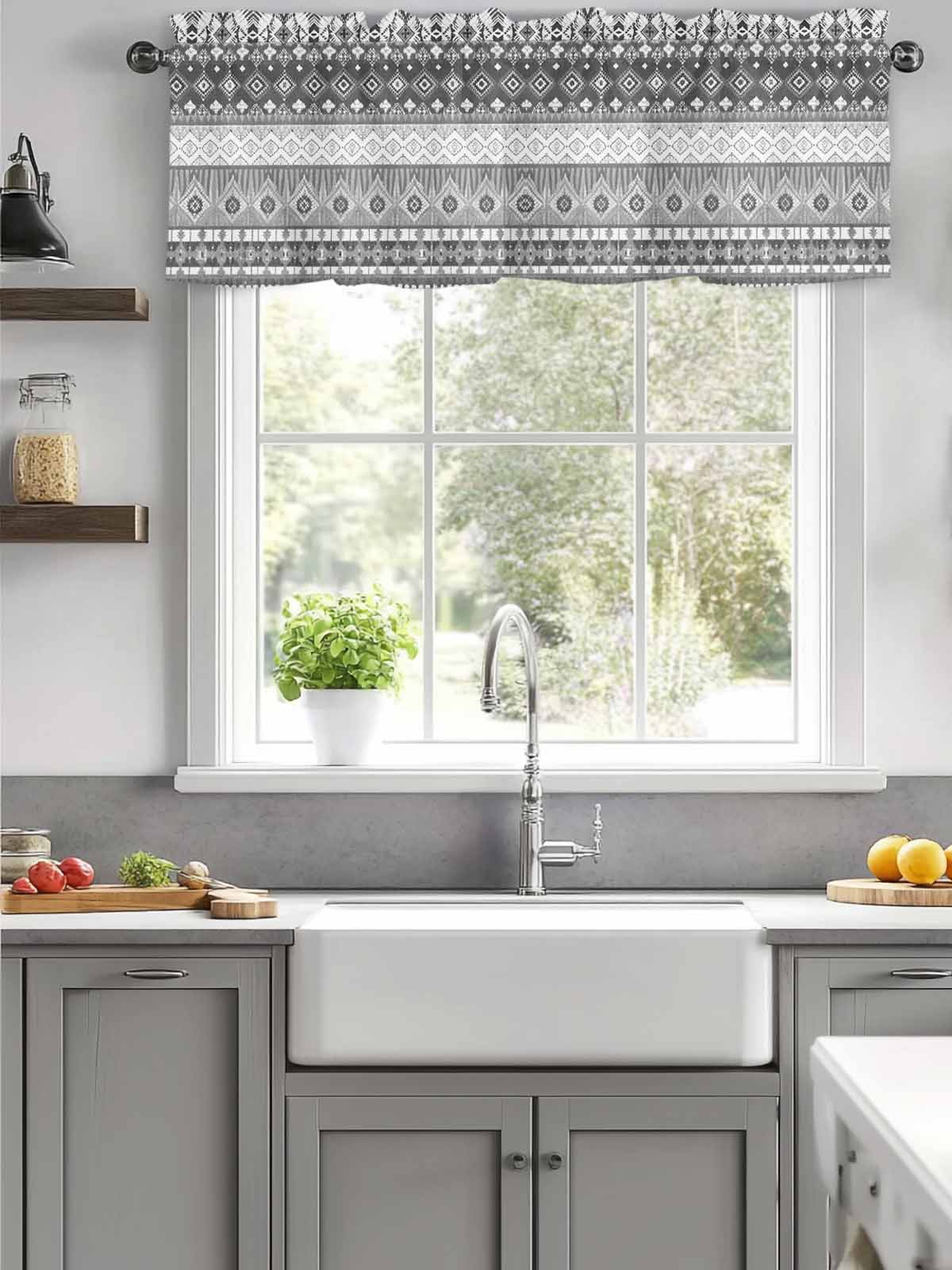 Picture Idea: Curtain Valances For Kitchen Tribal Gray Geometric Bohemian Window