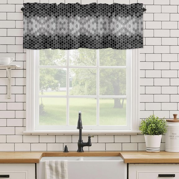 Curtain Valances for Kitchen Windows,Black Gray Gradient Hexagon Rod Pocket Valances Short Curtains Abstract Honeycomb Grid Ombre Window Treatment for Living Room Bathroom Bedroom Decor,42x12in