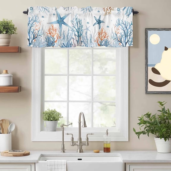 Curtain Valances for Kitchen Windows,Blue Coral Starfish Jellyfish on White Rod Pocket Valances Short Curtains Ocean Marine Life Window Treatment for Living Room Bathroom Bedroom Decor,42x12in