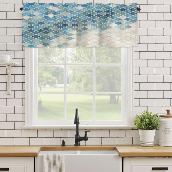 Curtain Valances for Kitchen Windows,Blue Gradient Mosaic Abstract Geometric Rod Pocket Valances Short Curtains Gingham Check Window Treatment for Living Room Bathroom Bedroom Decor,42x12in