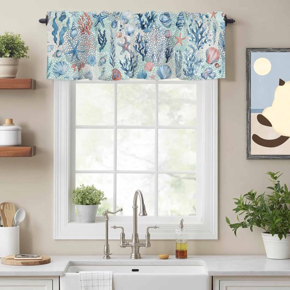 Curtain Valances for Kitchen Windows,Blue Ocean Starfish Coral Shell Conch Rod Pocket Valances Short Curtains Marine Life Window Treatment for Living Room Bathroom Bedroom Decor,42x12in