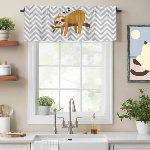 Curtain Valances for Kitchen Windows,Cartoon Sloth Tree Branch Rod Pocket Valances Short Curtains Gray Chevron Stripe Animal Pattern Print Window Treatment for Living Room Bathroom Bedroom,42x12in