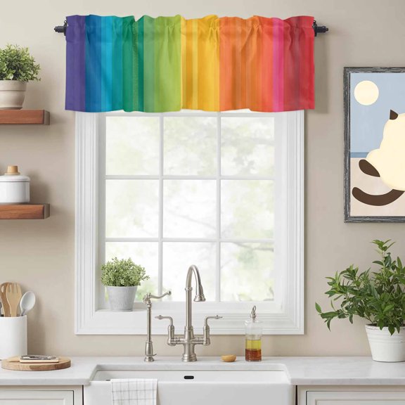 Curtain Valances for Kitchen Windows,Colorful Stripes Rainbow Rod Pocket Valances Short Curtains Watercolor Line Minimalist Geometric Window Treatment for Living Room Bathroom Bedroom Decor,42x12in