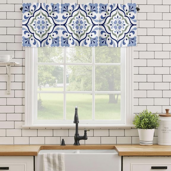 Curtain Valances for Kitchen Windows,Mediterranean Theme Blue Flowers Rod Pocket Valances Short Curtains Central Stylized Floral Window Treatment for Living Room Bathroom Bedroom Decor,42x12in