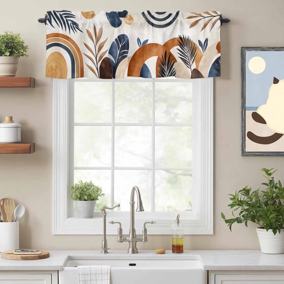 Curtain Valances for Kitchen Windows,Mid Century Abstract Geometric Rod Pocket Valances Short Curtains Boho Leaves Nordic Arch Sun Window Treatment for Living Room Bathroom Bedroom Decor,42x12in