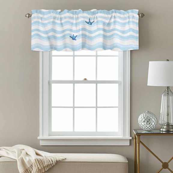 Curtain Valances for Kitchen Windows,Nautical Blue Ocean Wave Rod Pocket Valances Short Curtains Marine Theme Starfish Window Treatment for Living Room Bathroom Bedroom Decor,54x18in