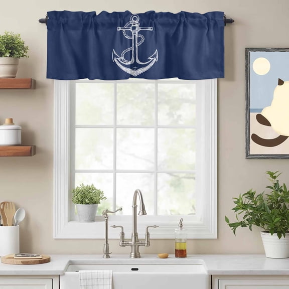 Curtain Valances for Kitchen Windows,Nautical Sailing Anchor String Sketch Rod Pocket Valances Short Curtains Marine Navy Blue White Window Treatment for Living Room Bathroom Bedroom Decor,42x12in