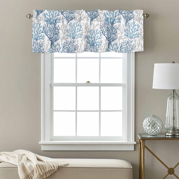 Curtain Valances for Kitchen Windows,Ocean Blue Coral Seamless Rod Pocket Valances Short Curtains Nautical Coastal Marine Theme Window Treatment for Living Room Bathroom Bedroom Decor,54x18in