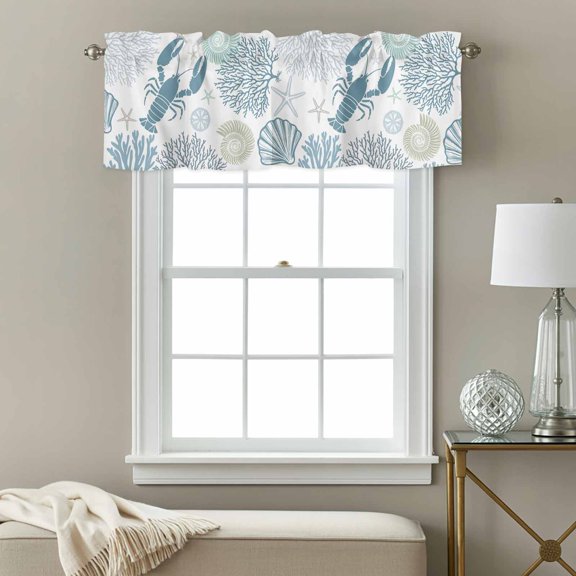 Curtain Valances for Kitchen Windows,Ocean Teal Blue Lobster Coral Starfish Rod Pocket Valances Short Curtains Coastal Marine Life Window Treatment for Living Room Bathroom Bedroom Decor,54x18in