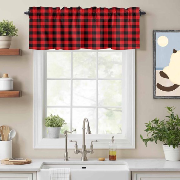 Curtain Valances for Kitchen Windows,Red Black Buffalo Lattice Rod Pocket Valances Short Curtains Classic Modern Plaid Window Treatment for Living Room Bathroom Bedroom Decor,42x12in