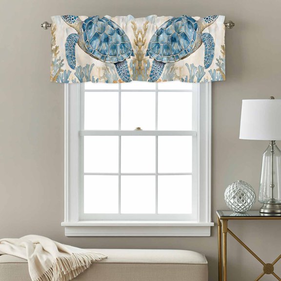 Curtain Valances for Kitchen Windows,Sea Turtle Ocean Coral Rod Pocket Valances Short Curtains Underwater World Marine Window Treatment for Living Room Bathroom Bedroom Decor,54x18in