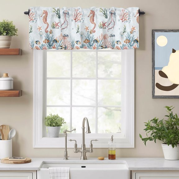 Curtain Valances for Kitchen Windows,Watercolor Hippocampus Jellyfish Rod Pocket Valances Short Curtains Marine Life Shell Fish Window Treatment for Living Room Bathroom Bedroom Decor,42x12in