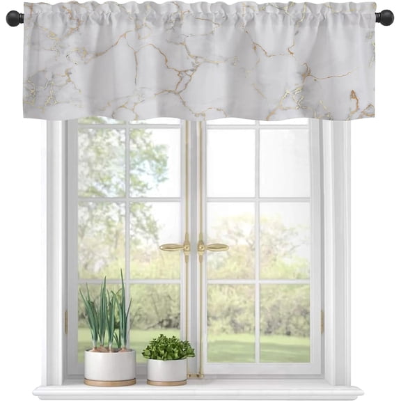 Curtain Valances, Platinum Marble Texture Semi Sheer Kitchen Windows Valances, Rod Pocket Short Window Treatment Light Filtering Decor Valances for Kitchen Living Room Bedroom Windows - 54"x18"