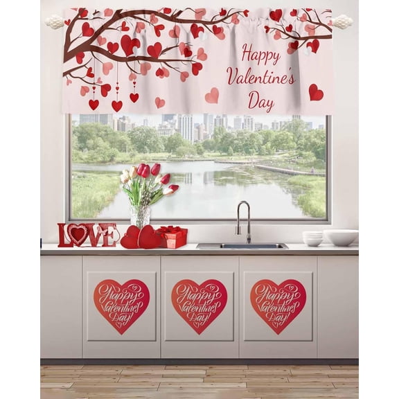 Curtain Valances Valentine Love Heart Tree Branch Kitchen Curtains Valances Windows Rod Pocket Pink Window Treatment Topper for Valentins Day Bedroom Living Room Decor, 54x18 inch