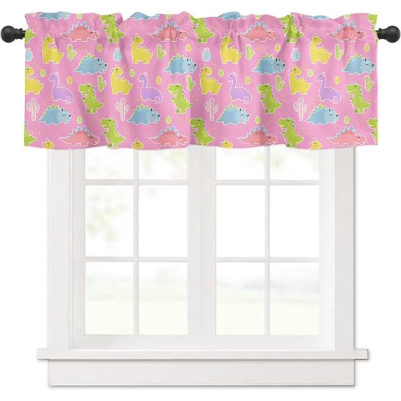 Curtain Valances for Windows, Cartoon Cute Dinosaur Pink Rod Pocket Valance Window Treatments Short Curtains for Kitchen Bathroom Living Room 54 x 18 Inches, 1 Panel