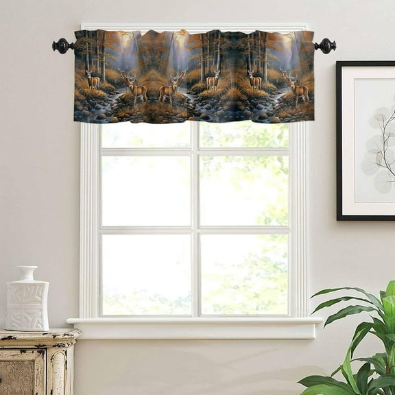 Curtain Valances for Windows, Deer Standing by a Stream Deep in The Forest Rod Pocket Valance Window Treatments Short Curtains for Kitchen Bathroom Living Room 54 x 18 Inches, 1 Panel