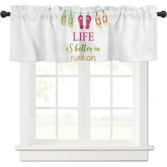 Curtain Valances for Windows, Life is Better in Flip Flops Colorful Slippers Rod Pocket Valance Window Treatments Short Curtains for Kitchen Bathroom Living Room 42 x 12 Inches, 1 Panel