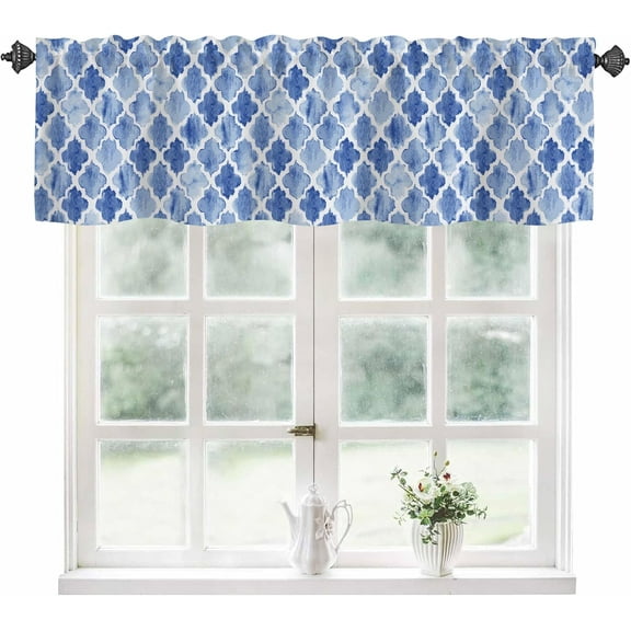 Curtain Valances for Windows,Moroccan Geometric Patterns Semi Sheer Valance Curtains,Watercolor Blue Geometry Shapes Window Valance Curtains,Short Rod Pocket Window Treatment for Home Decor 54"x18"