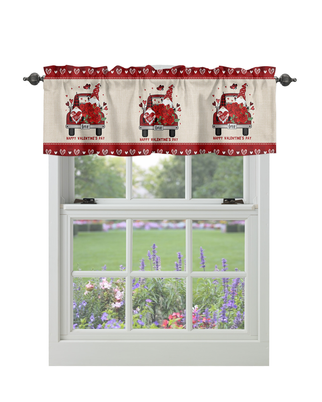 Curtain Valances for Windows, Valentines Day Romantic Gnomes Rose