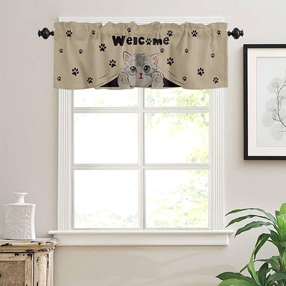 Curtain Valances for Windows, Welcome Cute Cartoon Cat Vintage Cat Paws Rod Pocket Valance Window Treatments Short Curtains for Kitchen Bathroom Living Room 54 x 18 Inches, 1 Panel