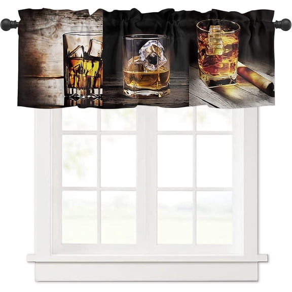 Curtain Valances for Windows, Whisky Glass Ice Cubes Wood Grain Pattern Rod Pocket Valance Window Treatments Short Curtains for Kitchen Bathroom Living Room 42 x 12 Inches, 1 Panel