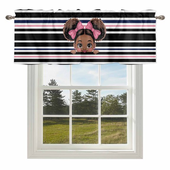 Curtain Valances for Kitchen Windows,Rod Pocket Short Valance African Black Girl Pink Bow Small Window Treatment for Living Room Bedroom,42" x 12"