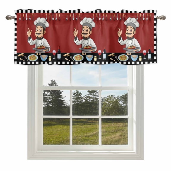 Curtain Valances for Kitchen Windows,Short Valance Fun Chef Kitchenware Food Burgundy Red Small Window Treatment for Living Room Bedroom,42" x 12"