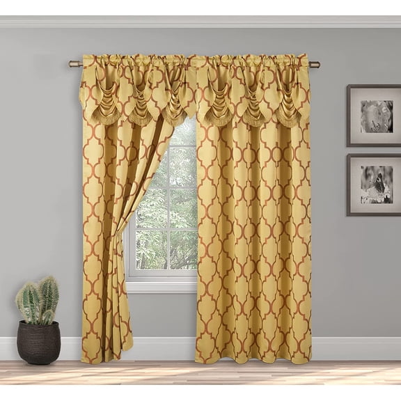 Curtain Window Panels with Attached Fancy Valance, Moroccan Trellis Print (Set of 2) 54 x 84 inch Drapes, Gold