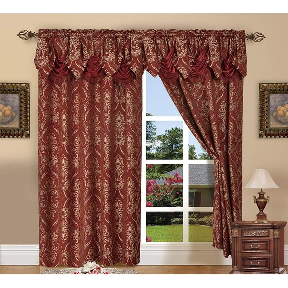 Curtain Window Panels with Attached Fancy Valance, (Set of 2) 54 x 84 inch Drapes, Burgundy