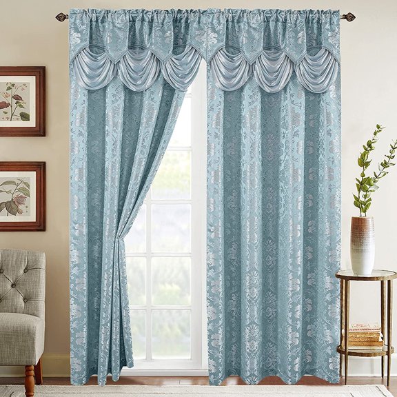 Elegant Comfort Classic Jacquard Window Drape Set, 2-Panels with attached Valance, Deiya 54" x 84", White