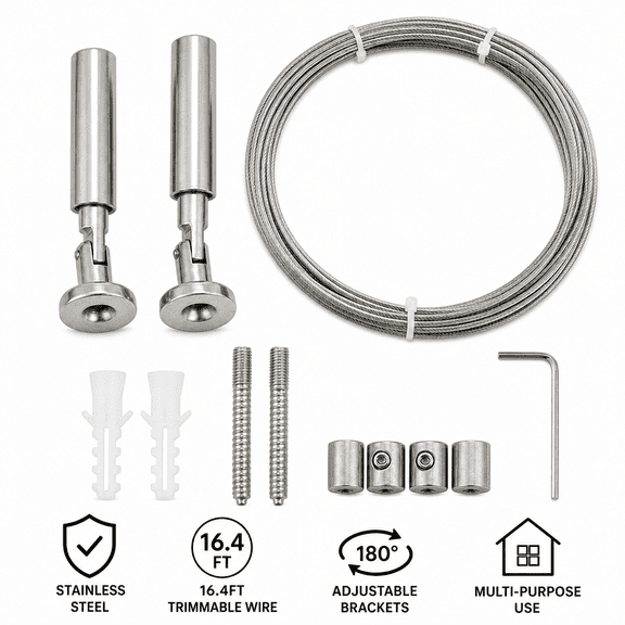 Curtain Wire Rod Set, 16.4ft Stainless Steel Tension Wire Hanging System for Window Art Display Clothesline
