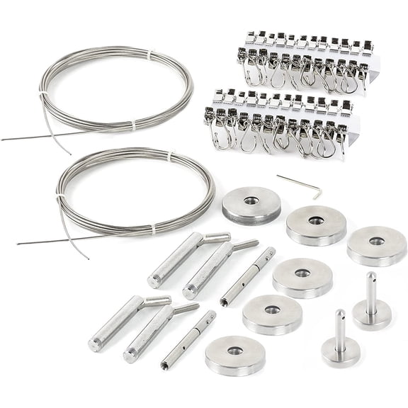 Curtain Wire Rod Set Stainless Steel Multi-Purpose 33 Foot Wire with 4 Mounting Pieces 48 Clips 2 Corner Pieces