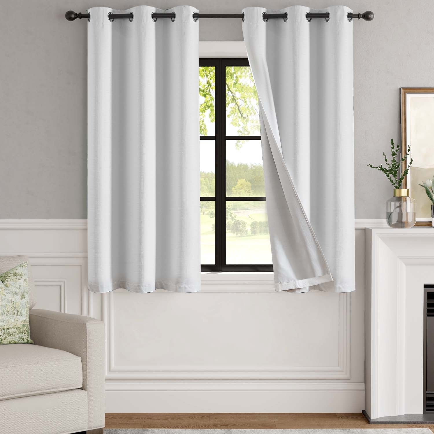 Curtainking White Curtains for Living Room Darkening 38 x 63 Inches Linen Textured Curtain Grommet Top 2 Panels