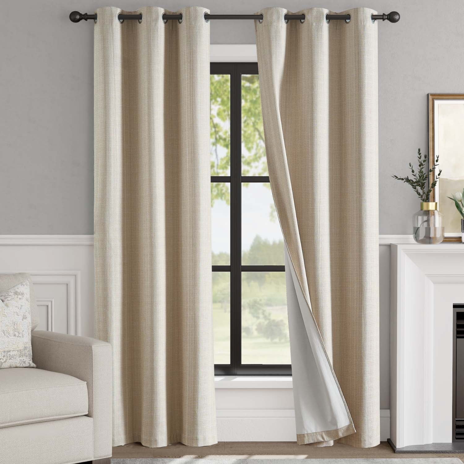 Curtainking Blackout Curtains 38 x 96 Inches Beige Linen Textured Drapes for Bedroom Grommet 2 Panels