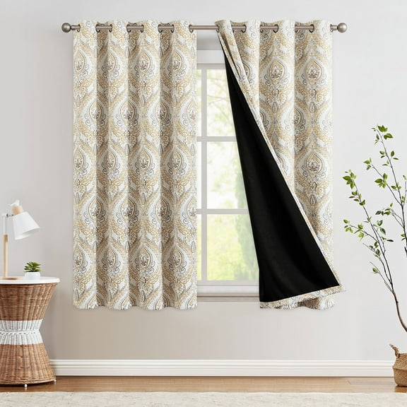 Curtainking 100% Blackout Curtains 63 in 2 Panels Yellow Damask Medallion Window Curtains for Bedroom Grommet Thermal Insulated Drapes for Living Room Vintage Luxury Window Treatments Set