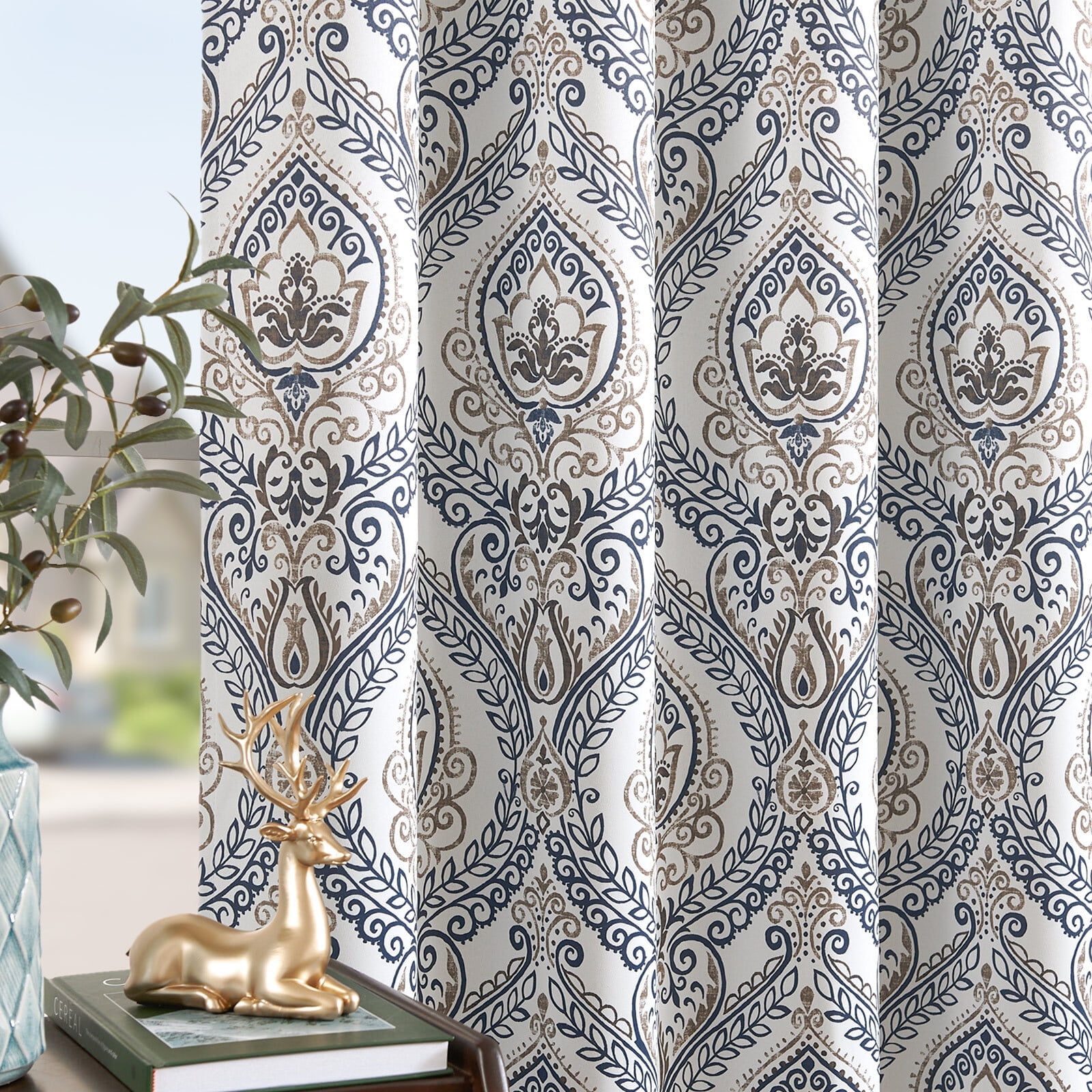 Curtainking 100 Blackout, 84 in Blue Damask Curtains, Thermal