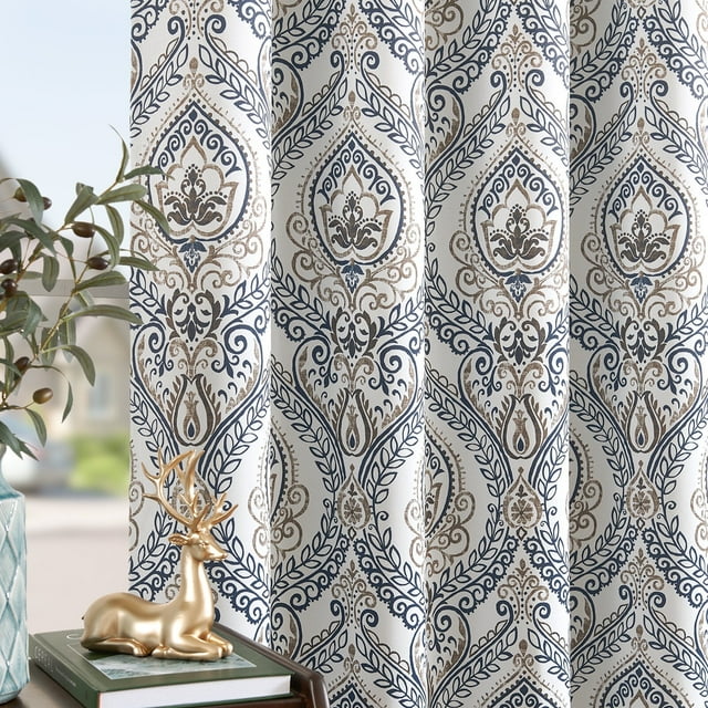 Curtainking 100 Blackout, 84 in Blue Damask Curtains, Thermal