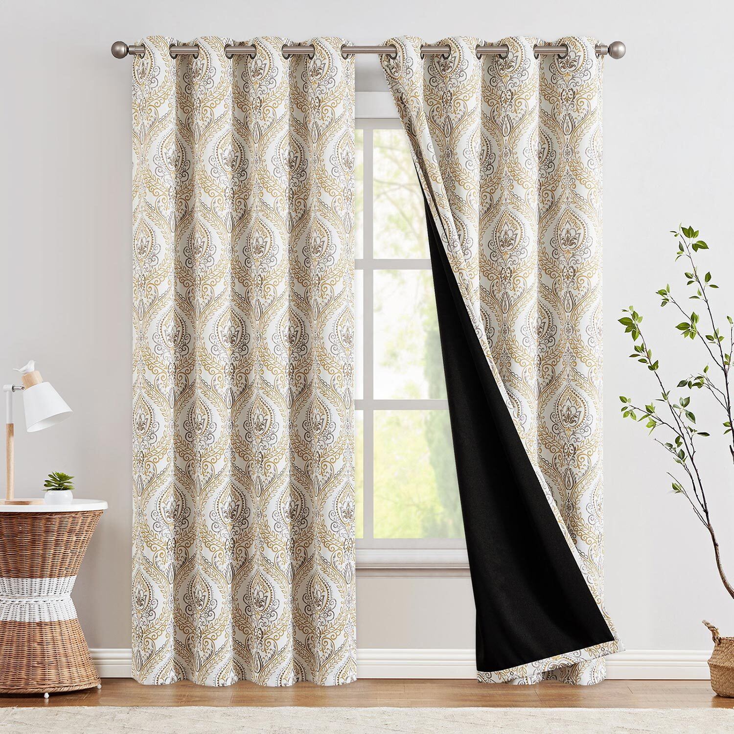 Curtainking 100% Blackout Curtains 84 in Yellow Damask Medallion Window Curtains for Bedroom Grommet Thermal Insulated Drapes for Living Room Vintage Luxury Window Treatments Set 2 Panels