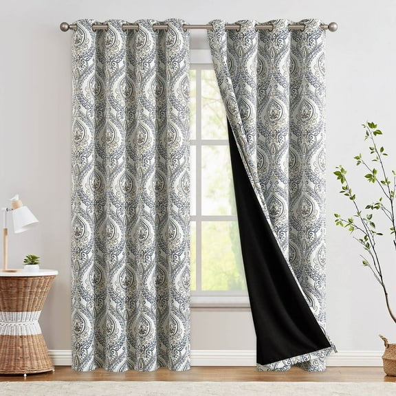 Curtainking 100% Blackout Curtains 96 in Blue Damask Medallion Window Curtains for Bedroom Grommet Thermal Insulated Drapes for Living Room Vintage Luxury Window Treatments Set 2 Panels