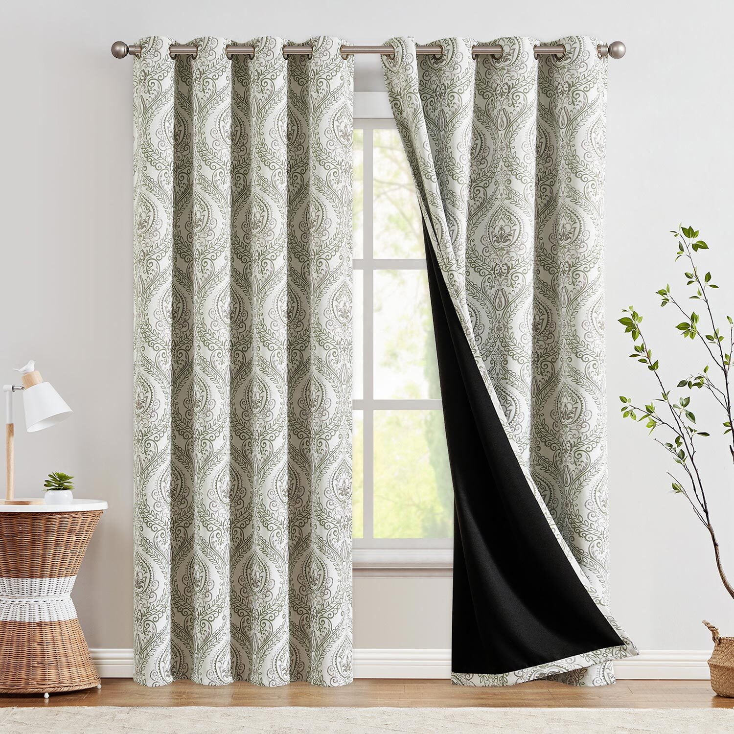 Curtainking 100% Blackout Curtains 96 in Sage Green Damask Medallion Window  Curtains for Bedroom Grommet Thermal Insulated Drapes for Living Room